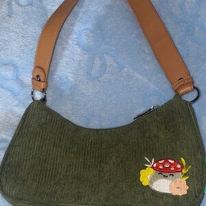Green Corduroy Shoulder Bag with Mushroom Embroidery